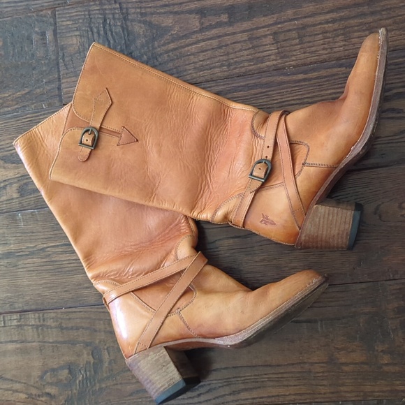 Frye Shoes - FRYE I Vintage Genuine Goodyear Welt Tall Cognac Leather Boots with Buckles, 5.5